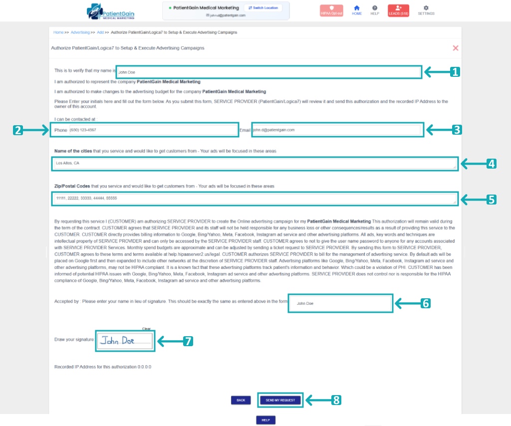 How to Authorize PatientGain/Logica7 to Setup & Execute Advertising Campaigns
